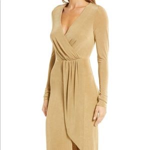 Good American shimmer long sleeve faux wrap dress